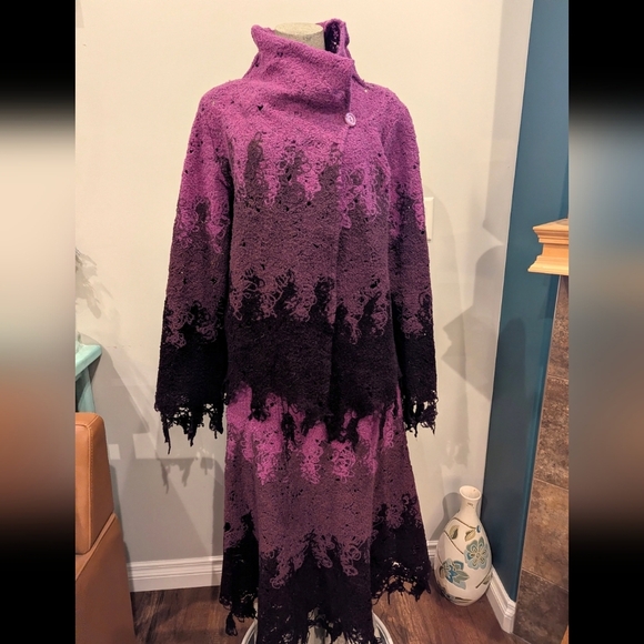 Simon Chang Vintage Designer Avant Garde Wool Skirt & Sweater Set Purple Sz L - Picture 6 of 17